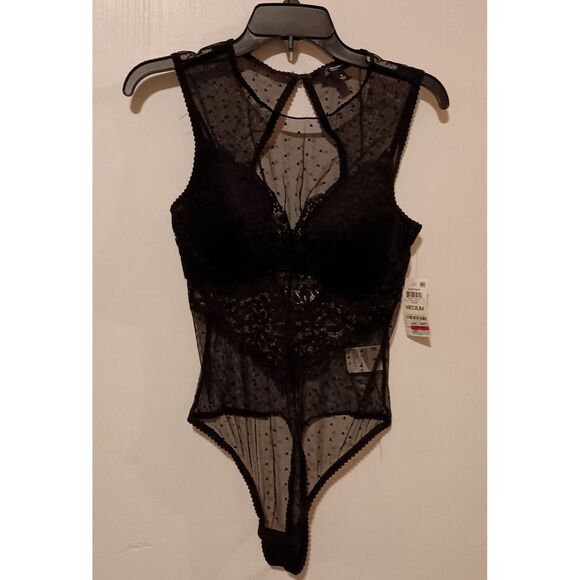 INC INTERNATIONAL CONCEPTS Cupped Swiss Dot sheer lace Thong Bodysuit, Medium - Picture 2 of 4